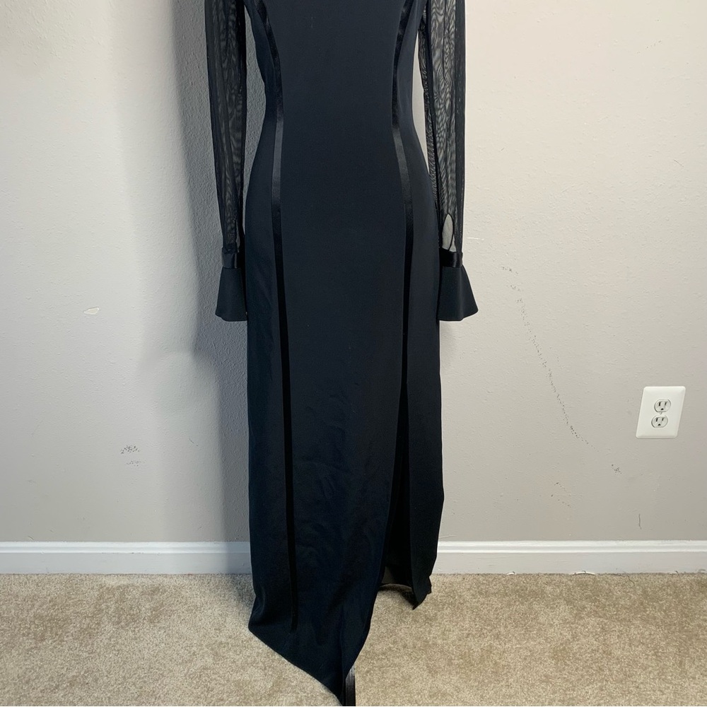 Oleg Cassini Black Sheer Mesh Long Sleeve High Split Maxi Formal Maxi Gown - Picture 8 of 16